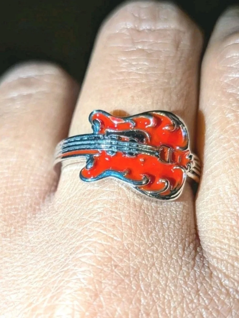 Elvis Inspired Silver Plated Guitar Red Enamel   Unisex Intricate Detailed Ring